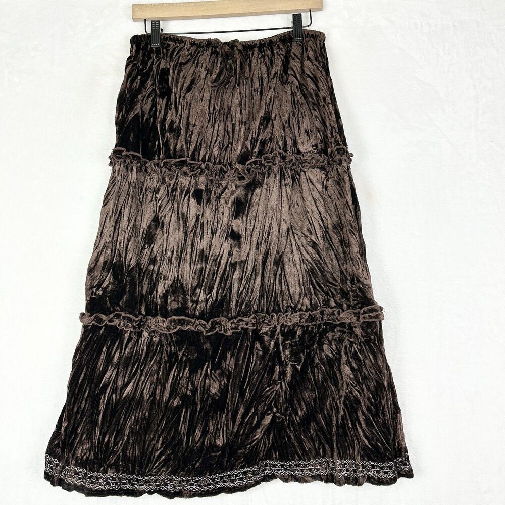 Vintage Y2K Velvet Tiered Midi Skirt Size Large Brown Boho Whimsigoth Fairy